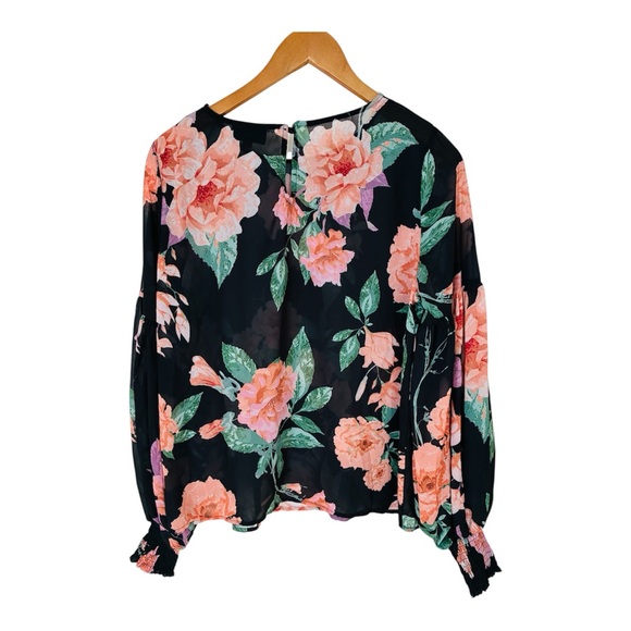 VICI Boutique Dark Floral Semi Sheer Poet Drop Sleeve Blouse Top Medium - Picture 9 of 10